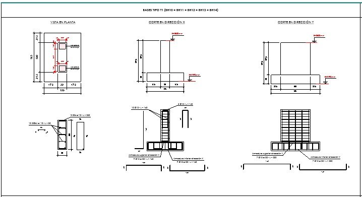 Plano estructural: detalle de bases tipo T1 (planta, cortes y armaduras)